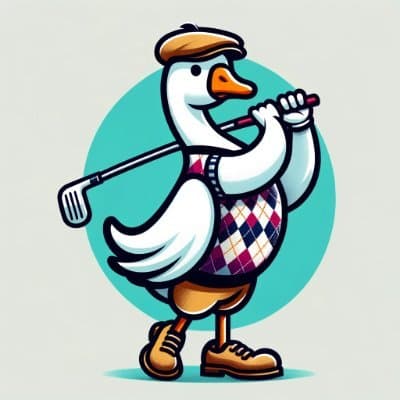 Eccentric Goose mascot — a goose in an argyle vest swinging a golf club